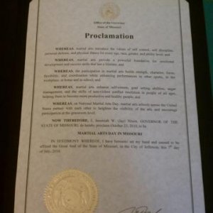 Proclamation from the Gov. of Missouri declaring October 23rd National Martial Arts Day in Missouri.