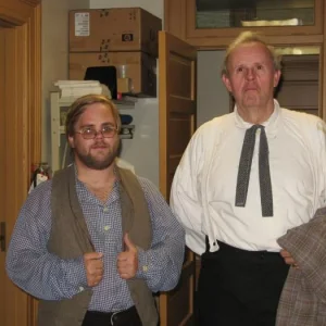 My fiancee and a guy ready for acting in a play!