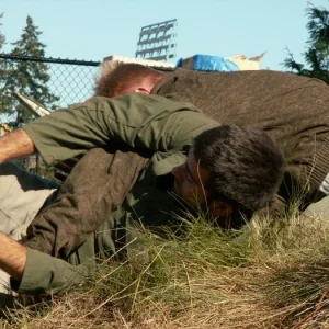 Training outdoors Sat 10 11 08 working on uneven rough ground covered with hidden obstacles and dangers and lessons.