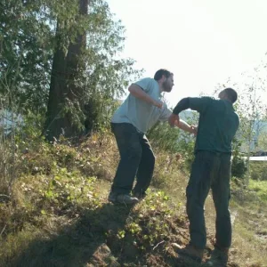 Training outdoors Sat 10 11 08 working on uneven rough ground covered with hidden obstacles and dangers and lessons. Here some students are working wh