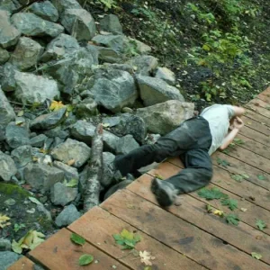 training outdoors Sat 10 11 08 off and on the foot bridge and the rocks