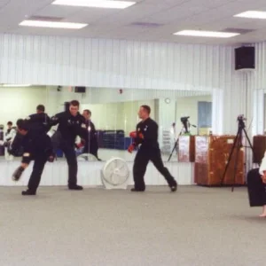 Testing for 2nd Dan.  Sparring my father (trying to kick me) and Jacob, trying to escape a corner.