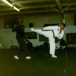 Sparring with Reginald Hughes at Chayon-Ryu HQ in Houston, Texas in 1996.