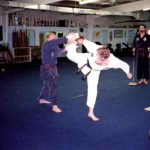 Robert McLain breaking two boards with a hapkido spinning kick around 1999. Holder is Eric Fleming from the Tuscon, Arizona Chayon-Ryu dojang.