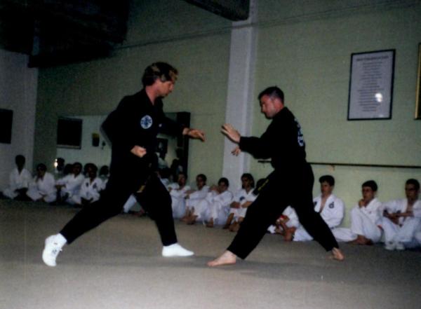 Demonstrating thee two-man form, Jang Kwon, with Master Mark Wise during a demonstration in Austin, Texas.