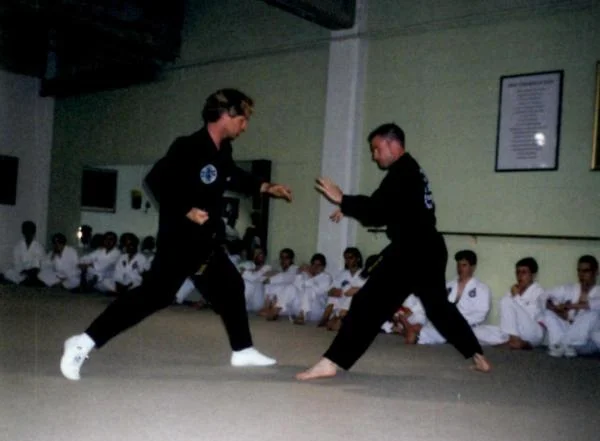 Demonstrating thee two-man form, Jang Kwon, with Master Mark Wise during a demonstration in Austin, Texas.