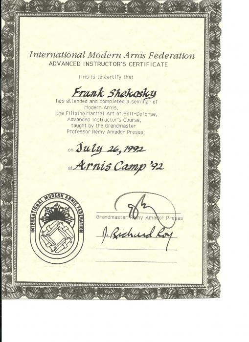 East Coast Modern Arnis camp 1992 Advanced instructor cert