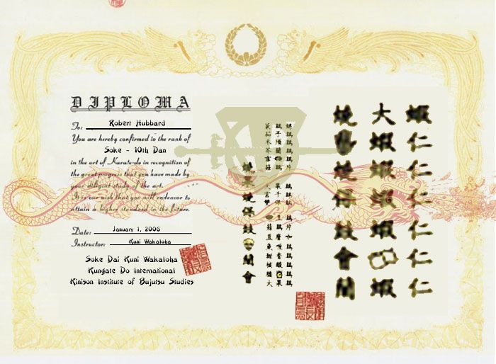 Kungate Soke
10th Dan Soke rank in Kungate
Instructor Kuni Wakaloha

Issued through the Kinison Institute of Bujutsu Studies