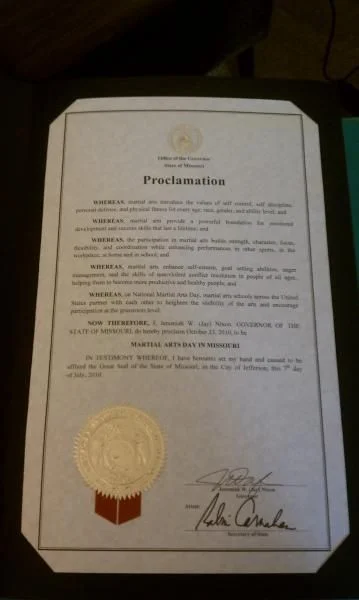 Proclamation from the Gov. of Missouri declaring October 23rd National Martial Arts Day in Missouri.