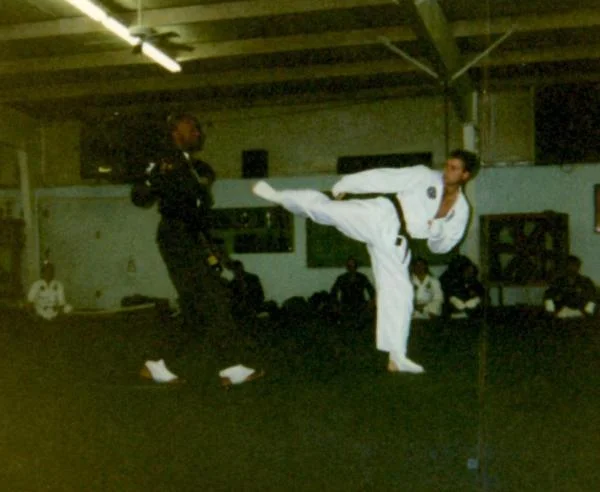 Sparring with Reginald Hughes at Chayon-Ryu HQ in Houston, Texas in 1996.