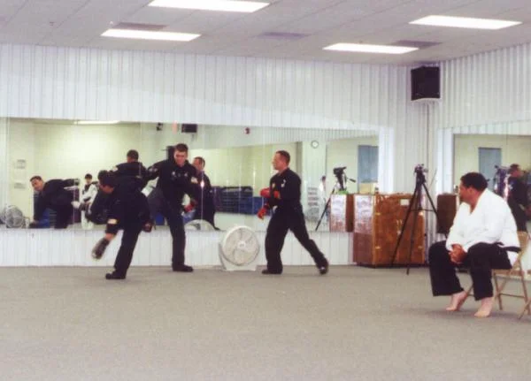 Testing for 2nd Dan.  Sparring my father (trying to kick me) and Jacob, trying to escape a corner.