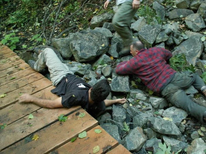 training outdoors Sat 10 11 08 off and on the foot bridge and the rocks