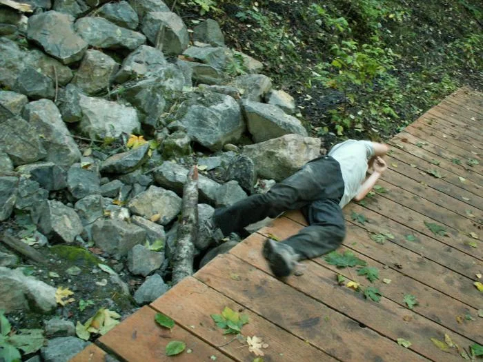 training outdoors Sat 10 11 08 off and on the foot bridge and the rocks