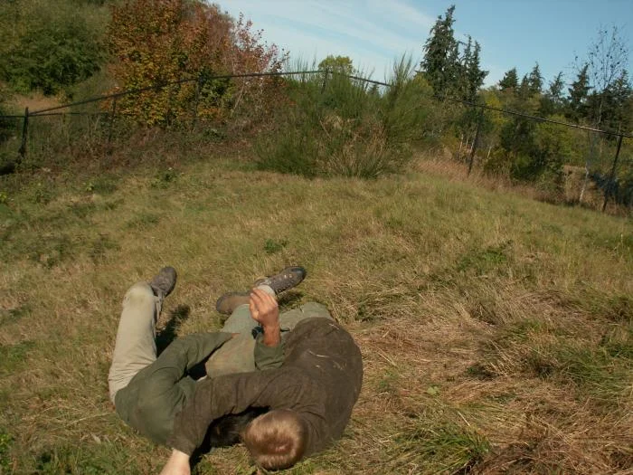 Training outdoors Sat 10 11 08 working on uneven rough ground covered with hidden obstacles and dangers and lessons.